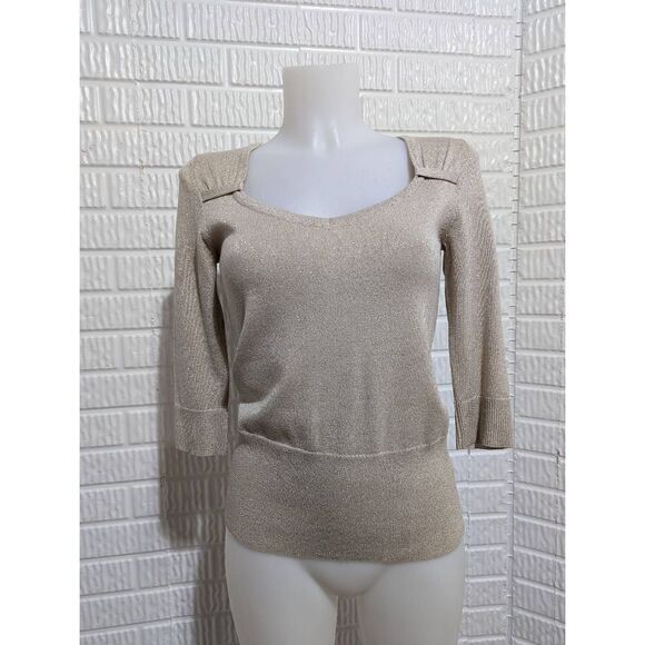 WHBM Women's Metallic Gold Shimmer Sweetheart Neck 3/4 Sleeve Knit Top Size XS - Picture 1 of 5